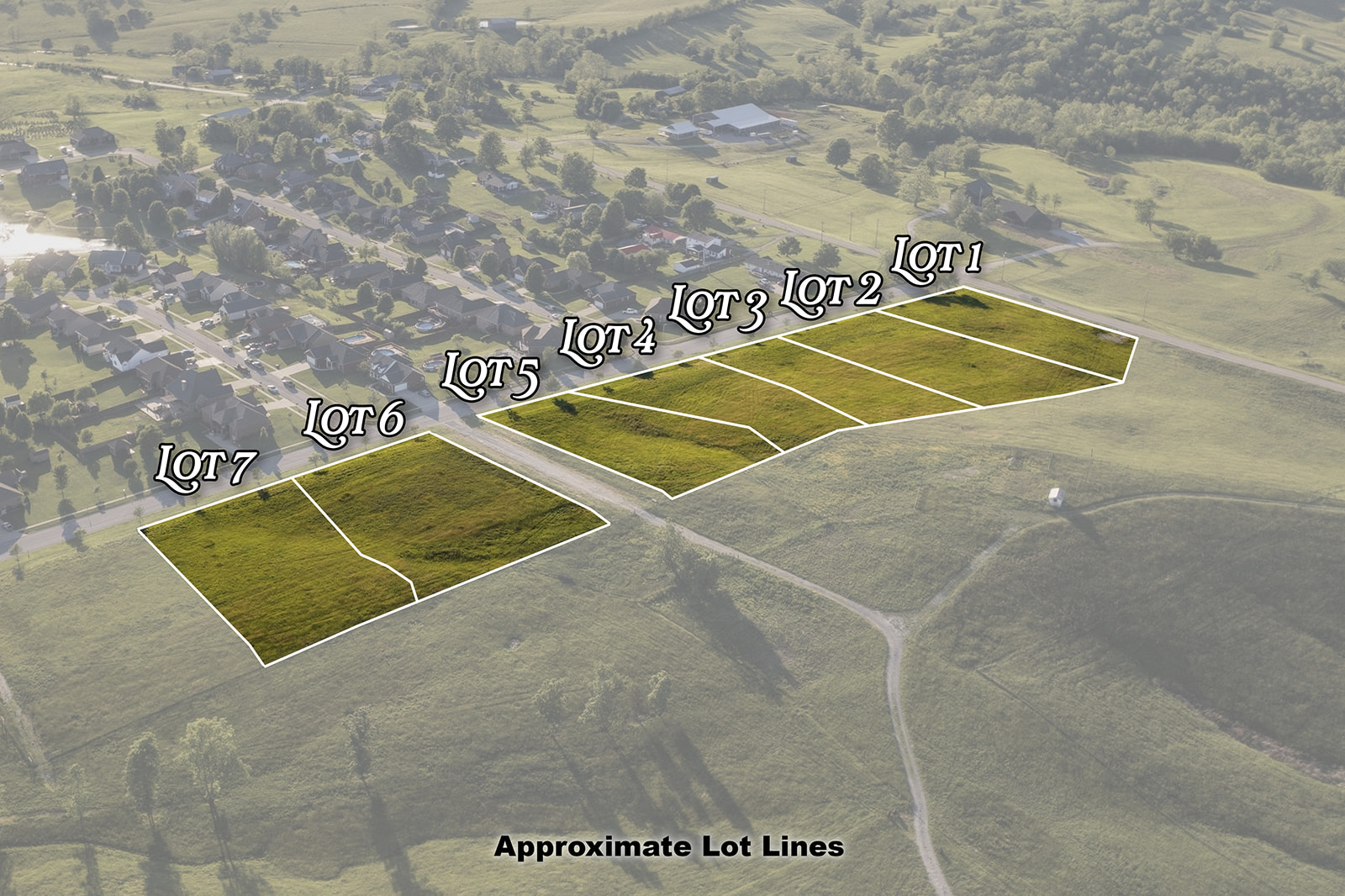 Aerial overview of all 7 homesites for sale in The Overlook subdivision on Nautical Way, Lawrenceburg, KY 40342 — Anderson County land lots from $84,900